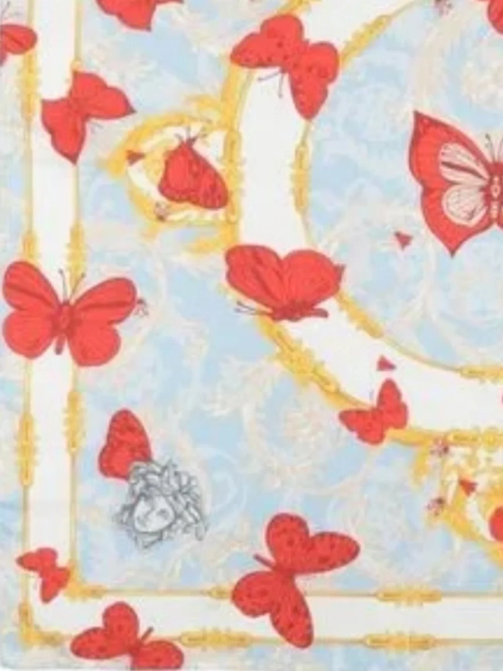 Versace 100% Silk Scarf in Sky Blue w/Coral Butterflies & Medusa NEW in Box